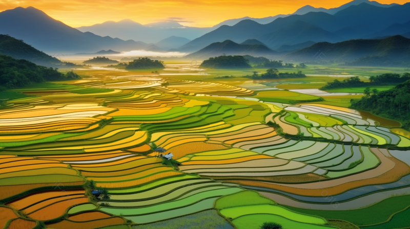 天空下颜色鲜艳的稻田梯田远景拍摄,高清,摄影图,摄影图片,图片大全,摄影图免费下载